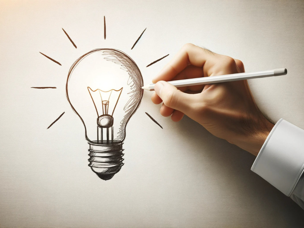 A hand sketching a light bulb on a blank canvas, which begins to glow, symbolizing the birth of a simple idea